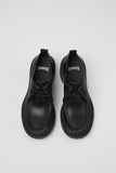 Top view of Camper Pix London black leather heeled shoes showing the upper and shoe shape