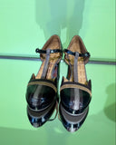 Front view of Chie Mihara DITORA49 black and brown Mary Jane heels