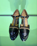 Top view of Chie Mihara DITORA49 black and brown multi-strap heels