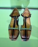 Front view of Chie Mihara VOLA149 brown and black leather T-bar shoes