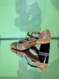 Heel detail of Chie Mihara VOLA149 brown and black leather T-bar shoes