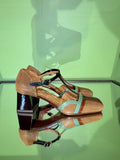 Side view of Chie Mihara VOLA149 brown and black leather T-bar shoes