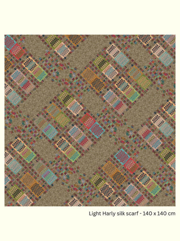 Full view of the Light Harly 140 × 140 cm silk georgette scarf by Kron by Kronkron with multicoloured geometric print