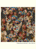 Full view of the Treasurehunt 140 × 140 cm silk georgette scarf by Kron by Kronkron with multicoloured floral and ornamental motifs on a dark ground