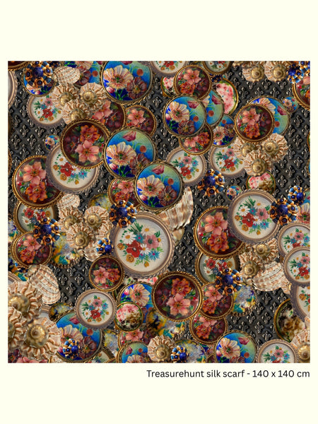 Full view of the Treasurehunt 140 × 140 cm silk georgette scarf by Kron by Kronkron with multicoloured floral and ornamental motifs on a dark ground